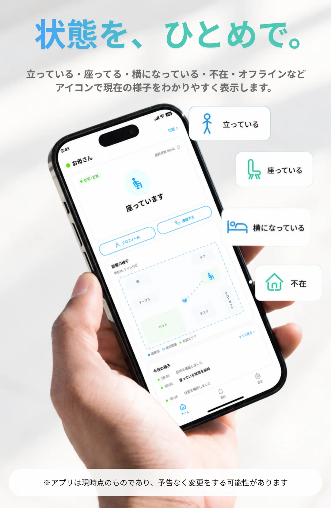 MiraWatch Homeのアプリ画面イメージ。立っている、座っている、横になっている、不在などをアイコンで表示します。